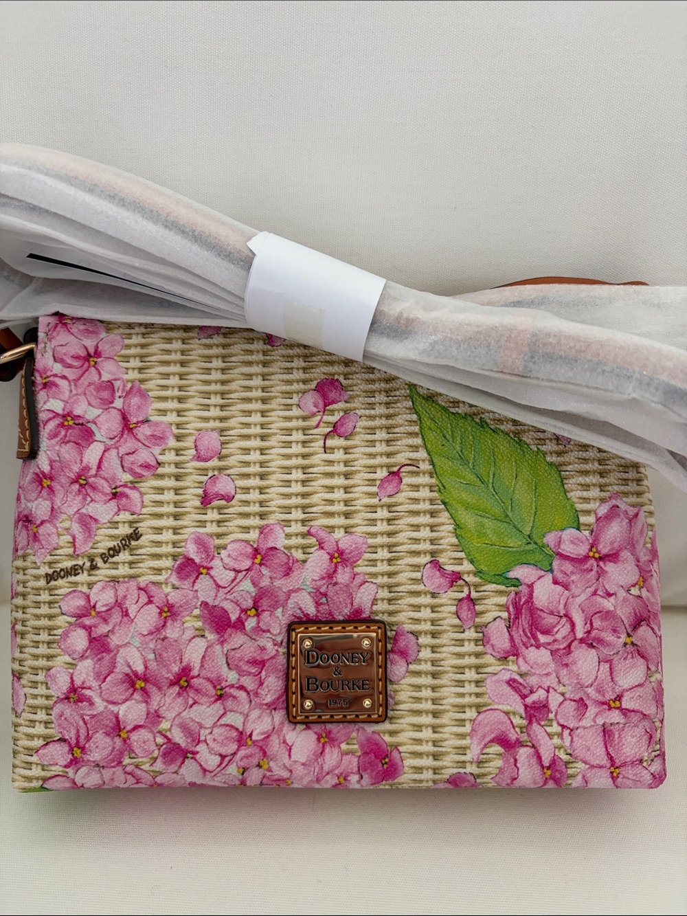 NWT - FINAL SALE Dooney & Bourke  Pink Hydrangea Crossbody Pouch with Green Leaf